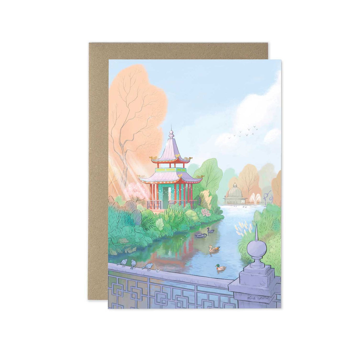 Illustration of Chinese Pagoda in Londons Victoria Park on a greetings card