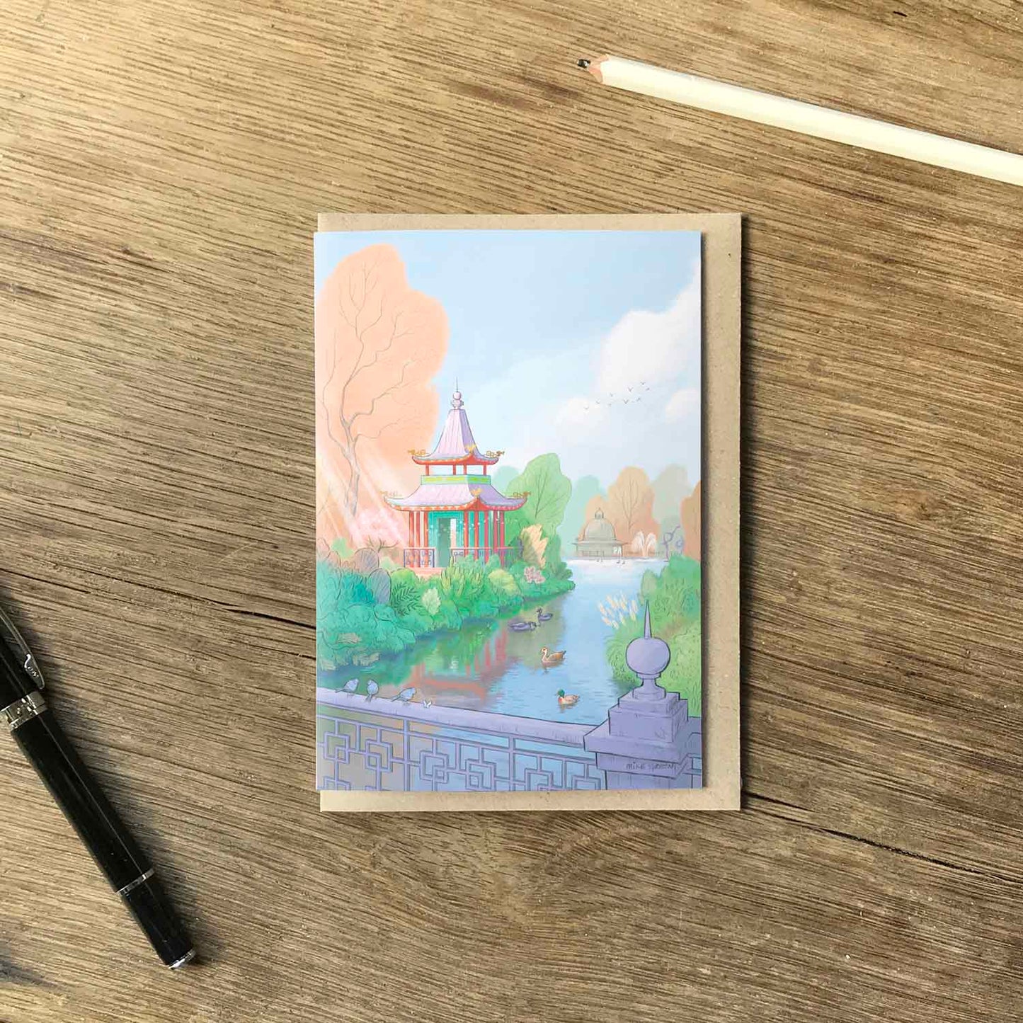 Illustration of Chinese Pagoda in Londons Victoria Park on a greetings card