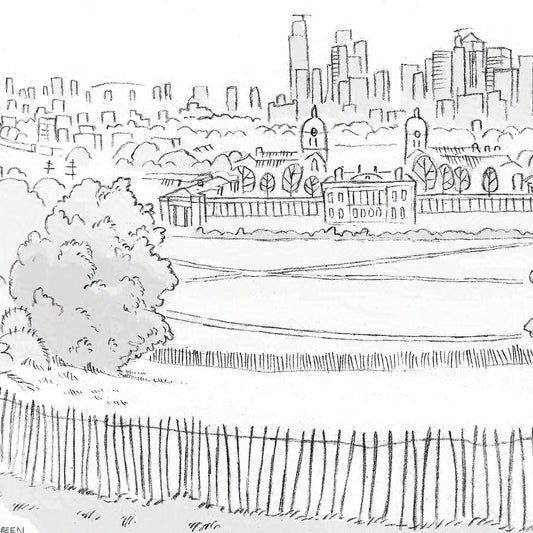 Detail from a print of The view from London's Greenwich Park sketched by Mike Green.