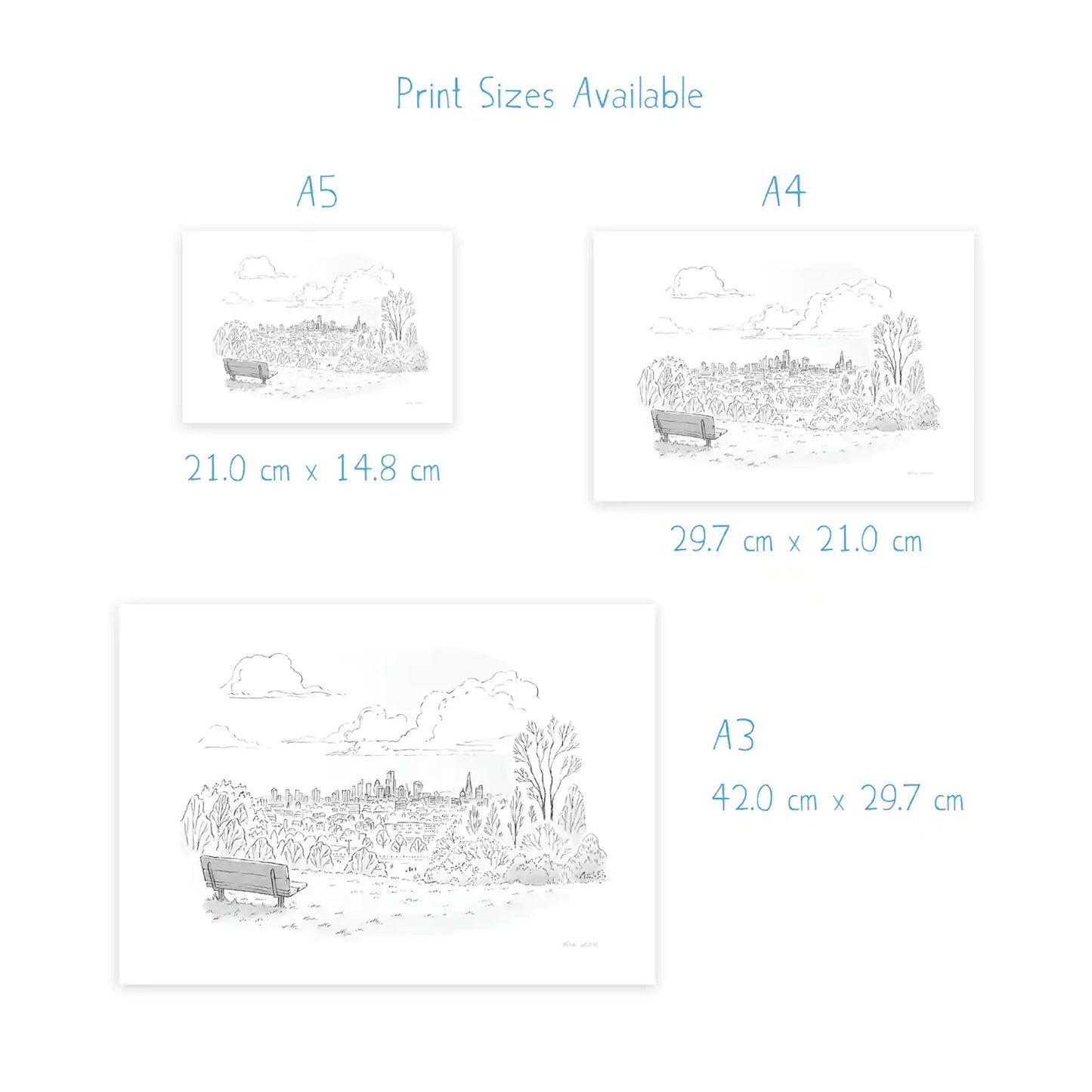 Print dimensions of the view from Hampstead Heath sketched by mike green illustration.