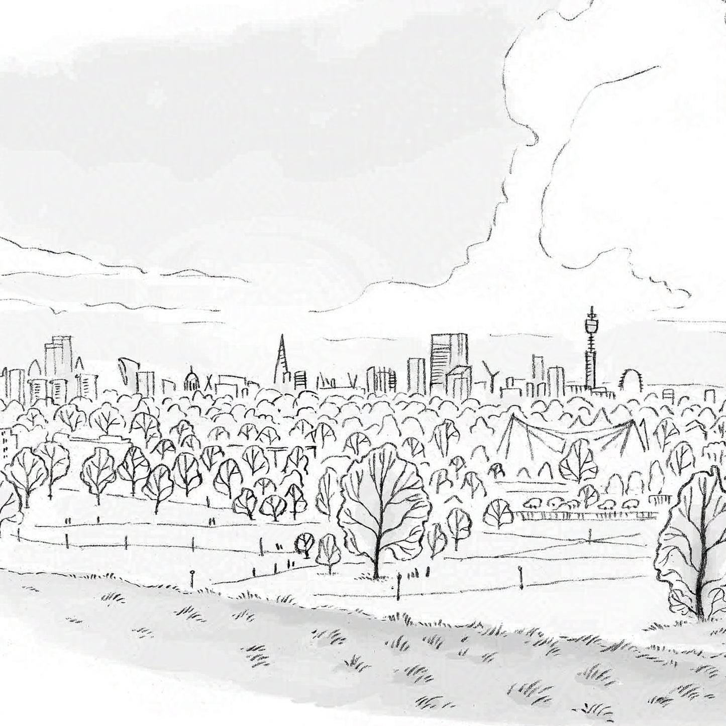 Detail from a print of the view from primrose hill London sketched by Mike Green.