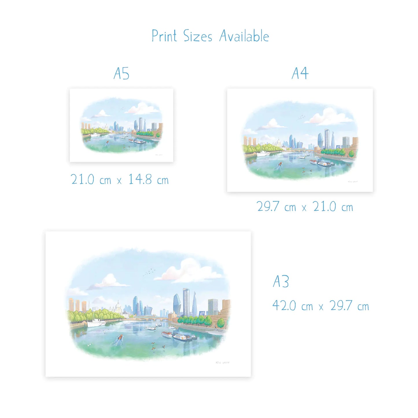 Dimensions for prints of a painting of the view from London's Waterloo Bridge towards St Paul's Cathedral by Mike Green Illustration