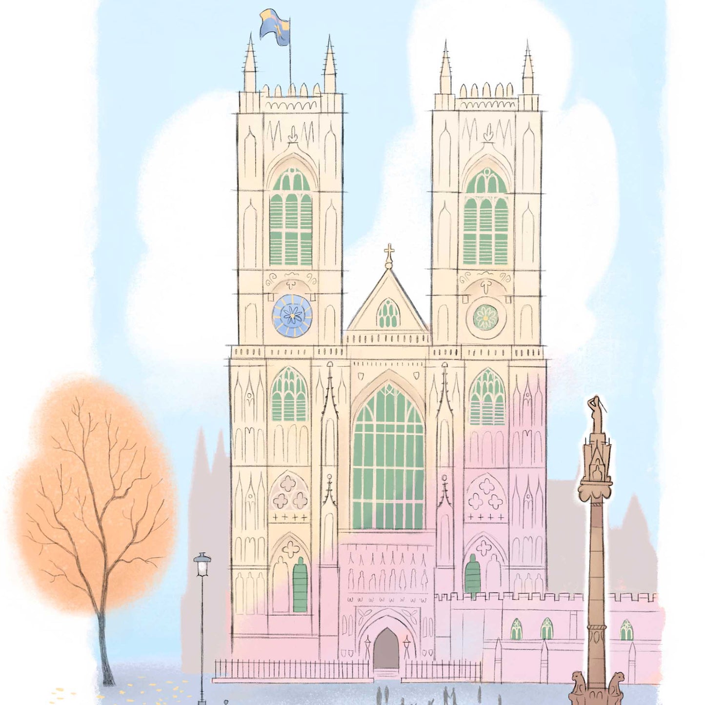 Detail from a print of London's Westminster Abbey beautifully illustrated by Mike Green.