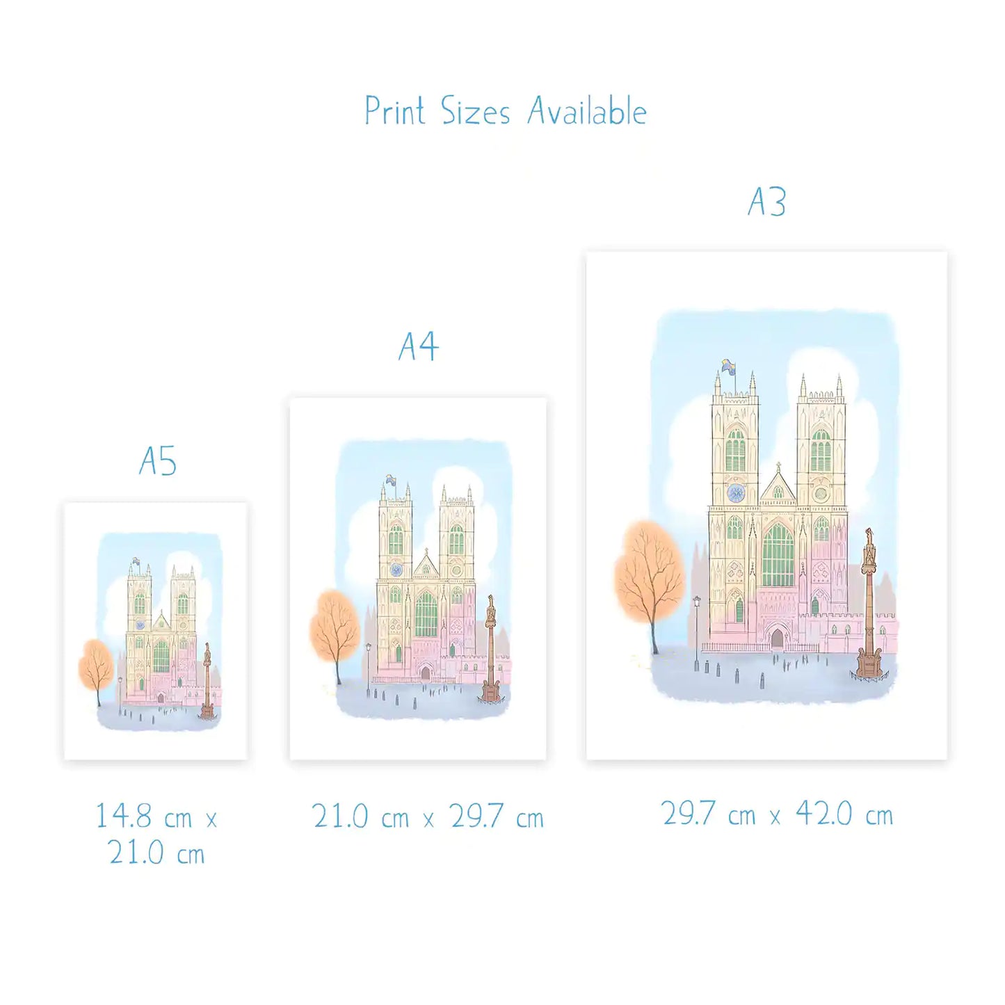Dimensions for prints of London's Westminster Abbey beautifully illustrated by Mike Green.