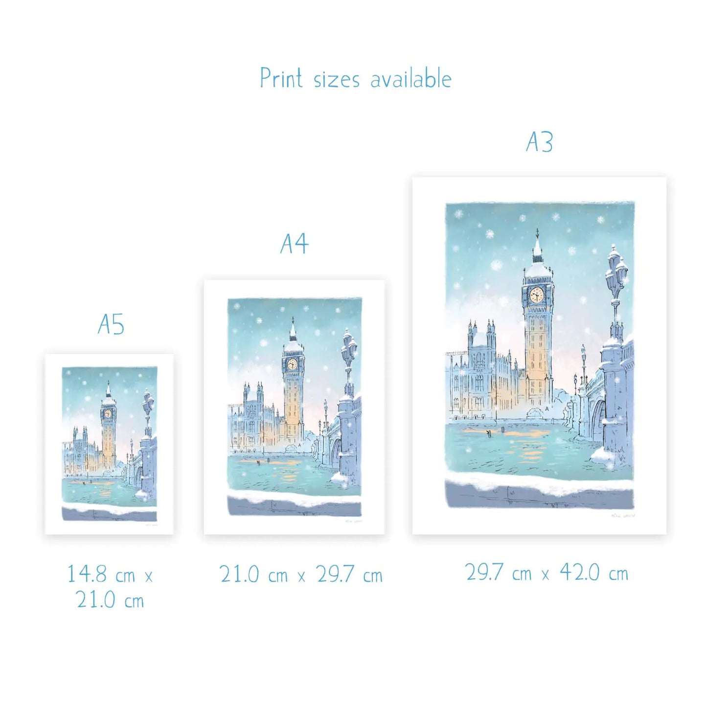 Wall art print sizes for a print of London Westminster's Big Ben in the snow at Christmas time