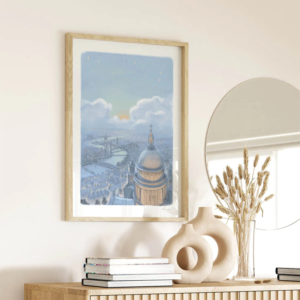 Framed wall art print of a painting London's skyline at night with St Paul's Cathedral on a wall
