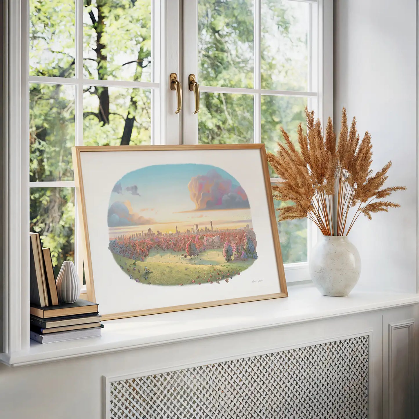 Framed on windowsill print of Autumn Sunrise on Primrose Hill painting by Mike Green Illustration