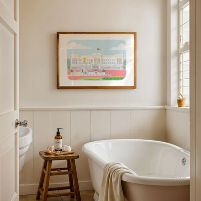 A print of an illustration of London's Buckingham Palace by the artist Mike Green