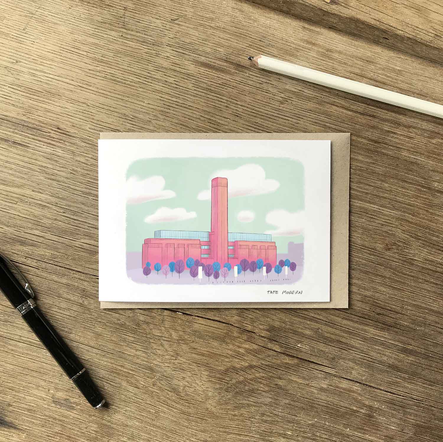 London's Tate Modern beautifully illustrated on a greeting card by mike green illustration.