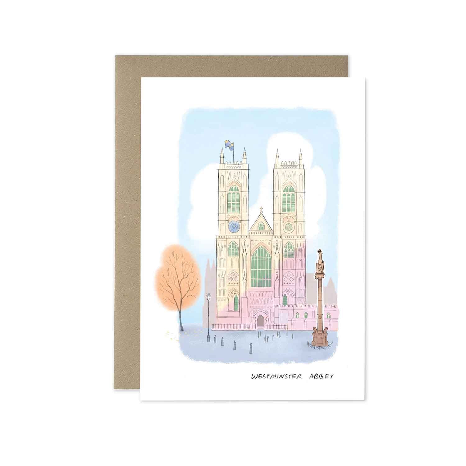 London's Westminster Abbey beautifully illustrated on a greeting card from mike green illustration.