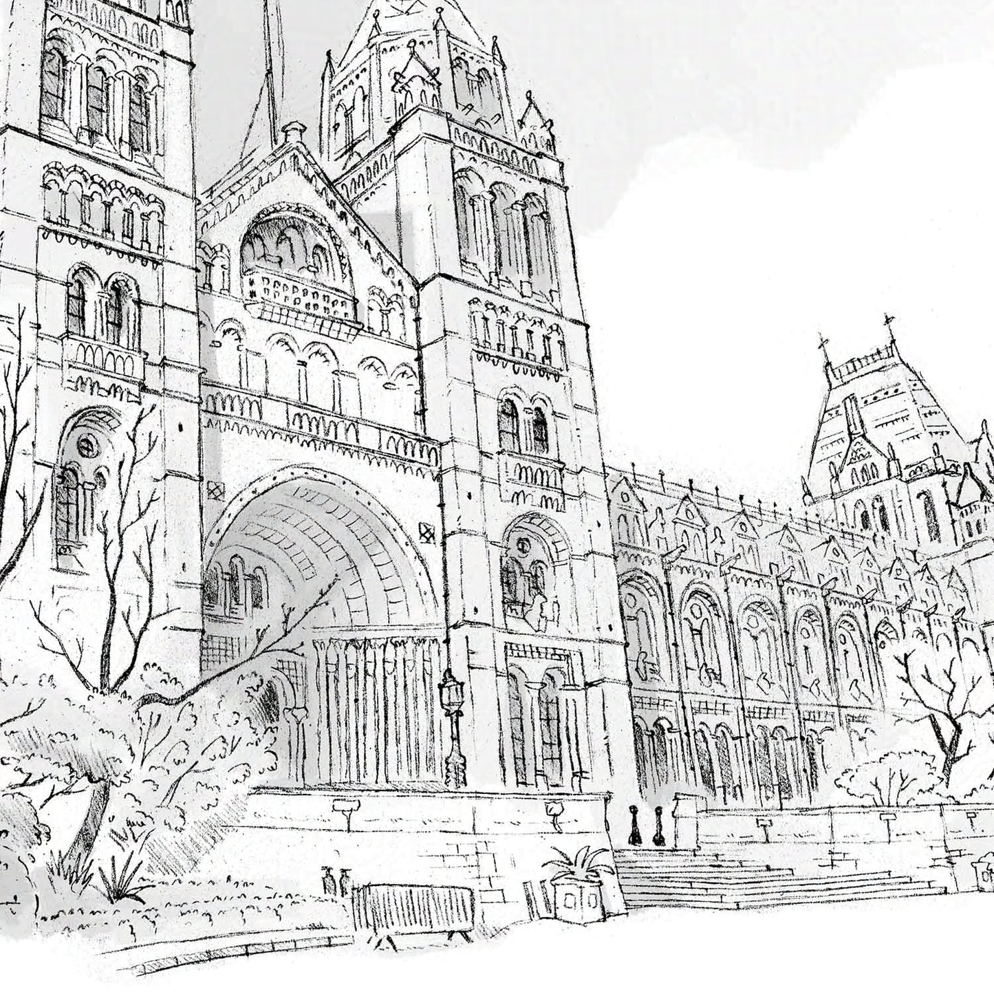 Detail from a wall art print of a sketch of London's Natural History Museum.