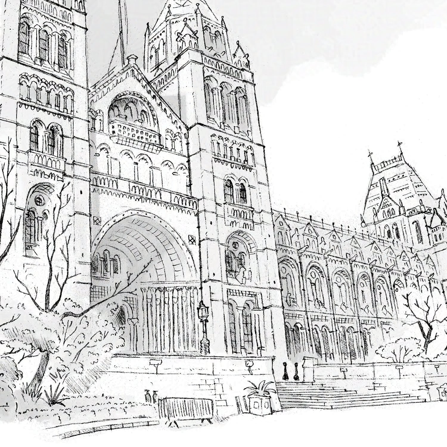 Detail from a wall art print of a sketch of London's Natural History Museum.