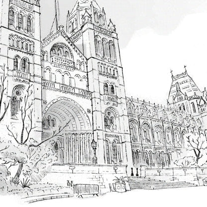 Detail from a wall art print of a sketch of London's Natural History Museum.