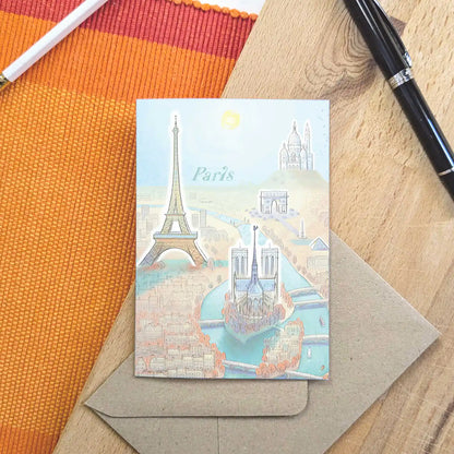 Paris skyline with landmarks beautifully illustrated on a greeting card by mike green illustration.