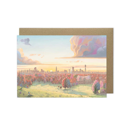 View from Primrose Hill in at sunrise in the Autumn on a greetings card by Mike Green Illustration