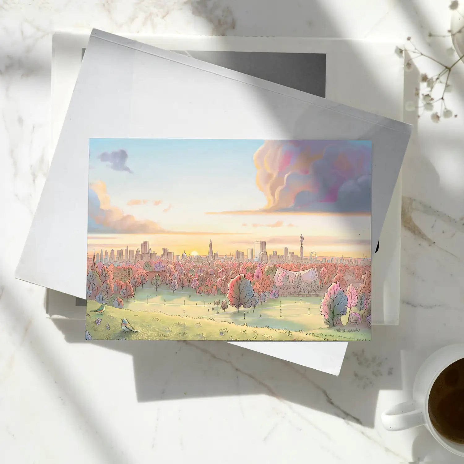 View from Primrose Hill in at sunrise in the Autumn on a greetings card by Mike Green Illustration