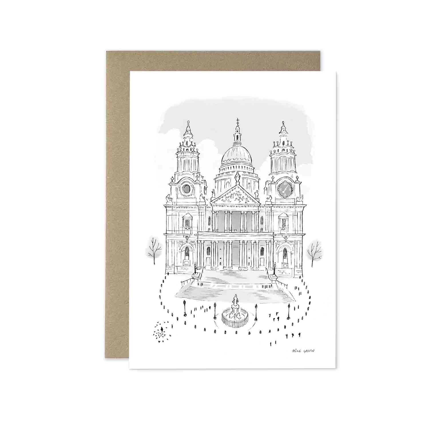 London's St Paul's Cathedral beautifully sketched on a greeting card from mike green illustration.