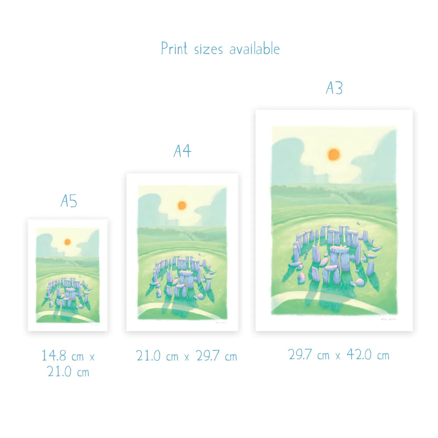 Print sizes for of a painting of Stonehenge in Wiltshire England by Mike Green Illustration