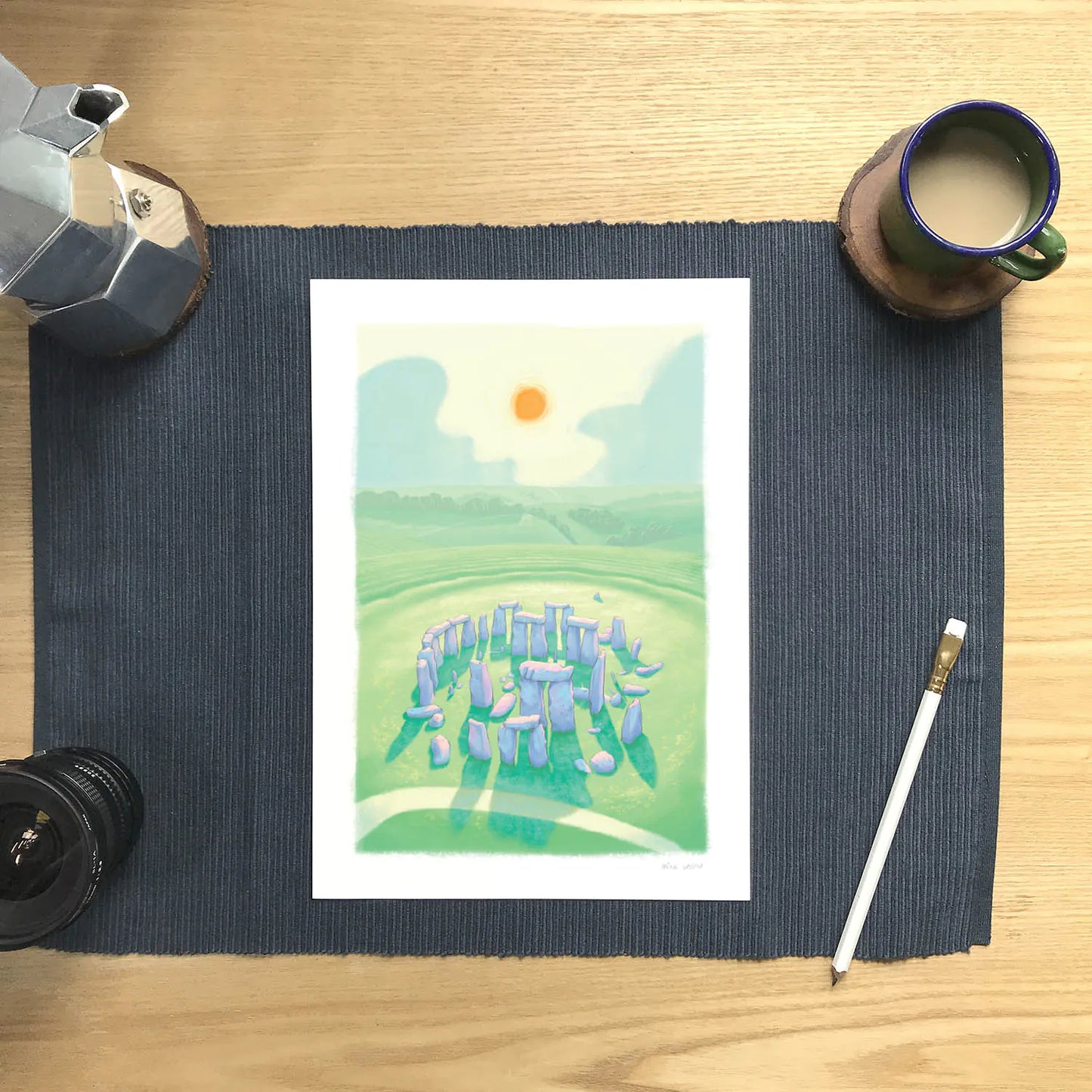 Wall art print of a painting of Stonehenge in Wiltshire England with pencil and coffee