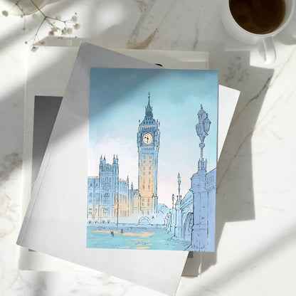 London's big ben at twilight beautifully illustrated on a greetings card by mike green illustration.