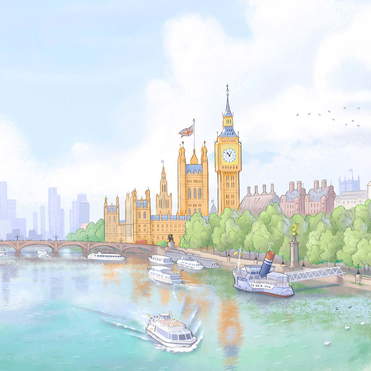 Detail of an illustration of Houses of Westminster on the river Thames in London