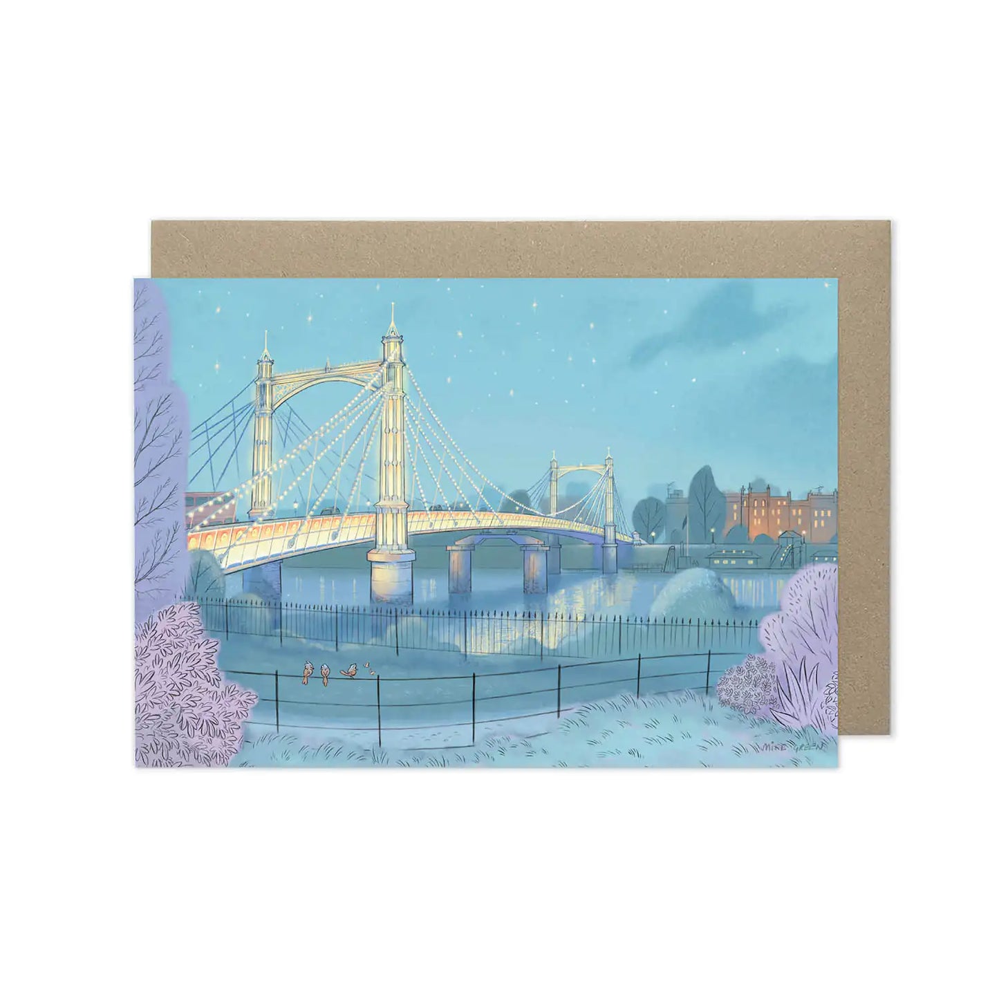 Greetings card of Albert Bridge on the Thames London painted by Mike Green Illustration