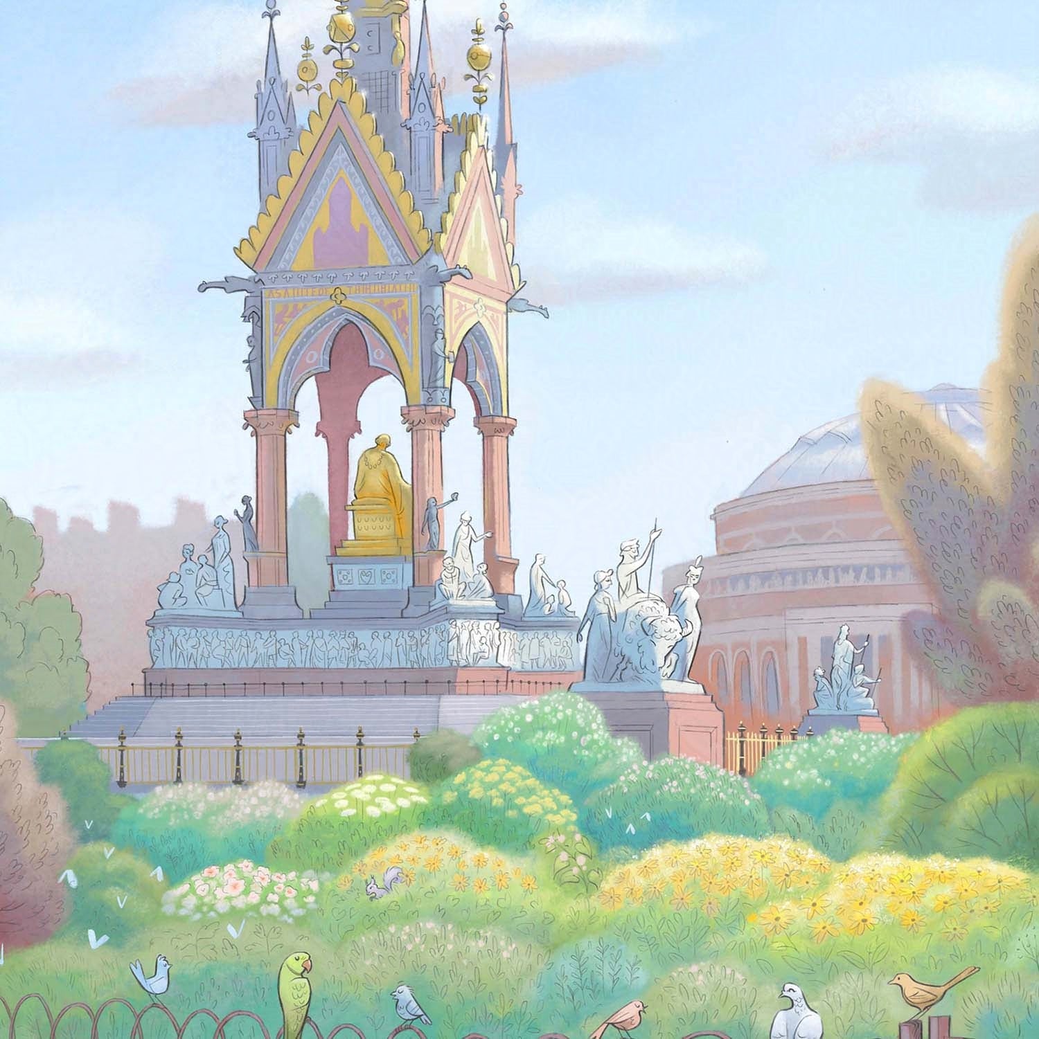 Detail from a print of a painting of the Albert Memorial in Kensington Gardens west London
