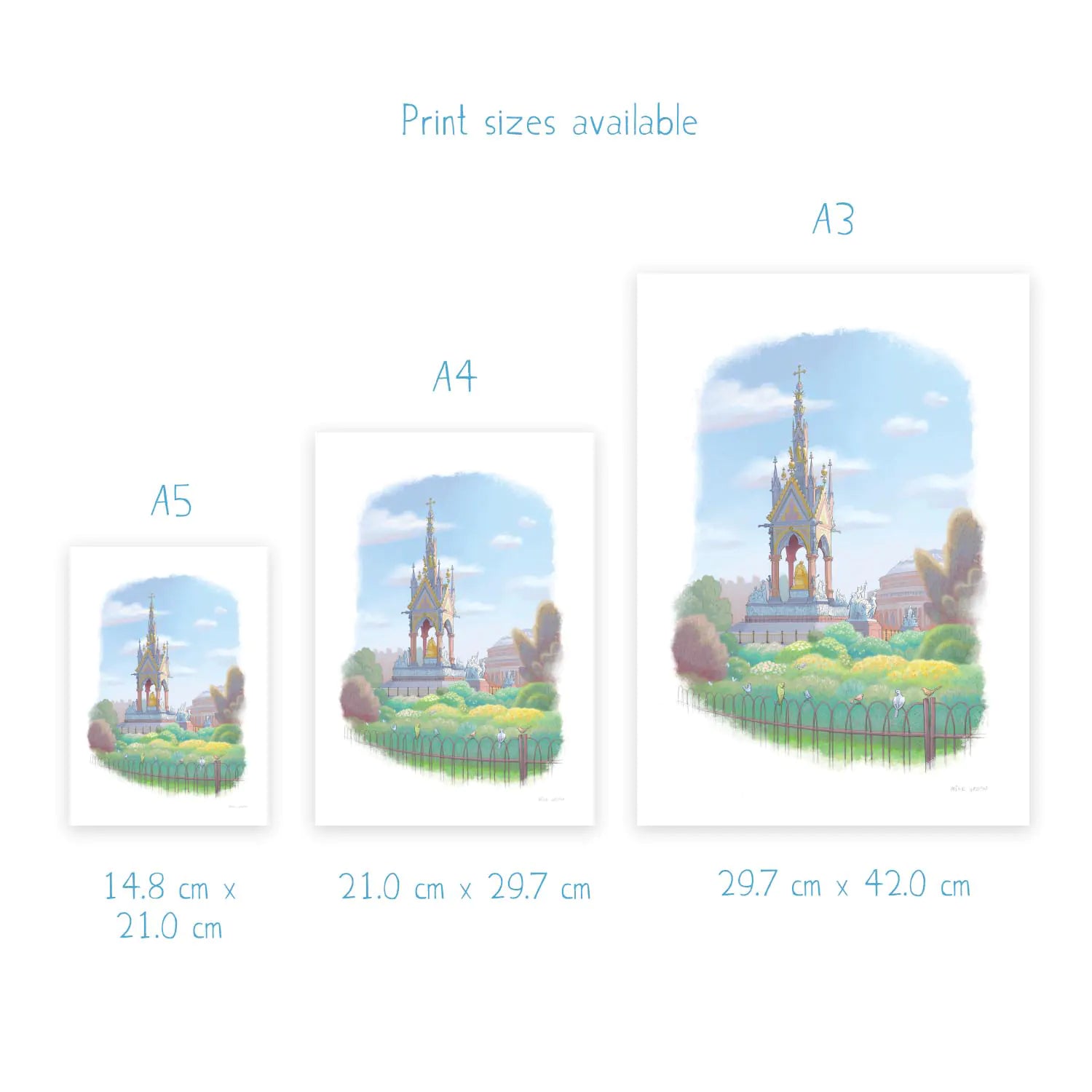 Wall art print sizes for a painting of the Albert Memorial London