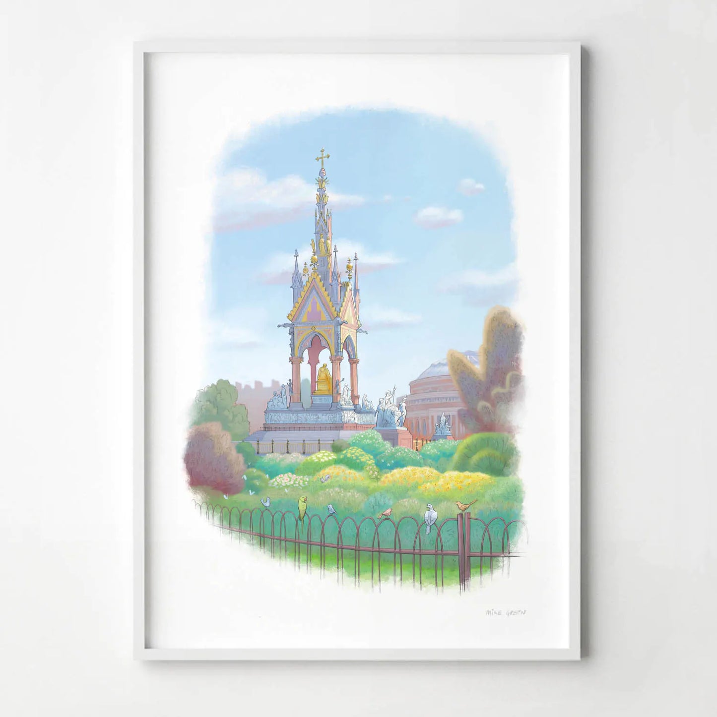 Framed wall art print of a painting of the Albert Memorial in Kensington Gardens west London