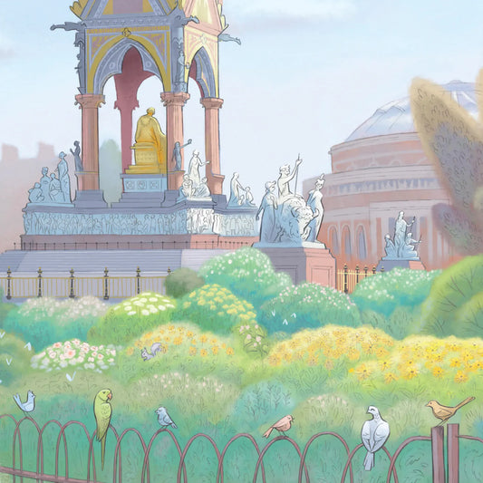 Detail from a print of a painting of the Albert Memorial in Kensington Gardens west London