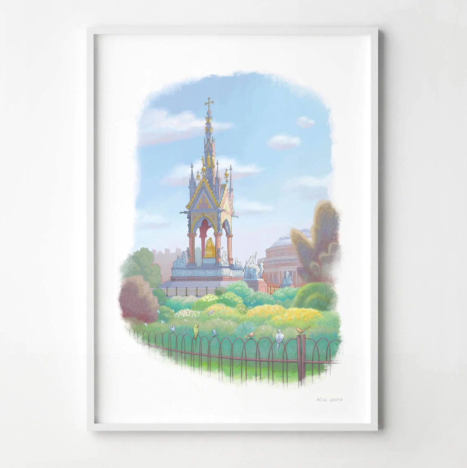 Framed wall art print of a painting of the Albert Memorial in Kensington Gardens west London