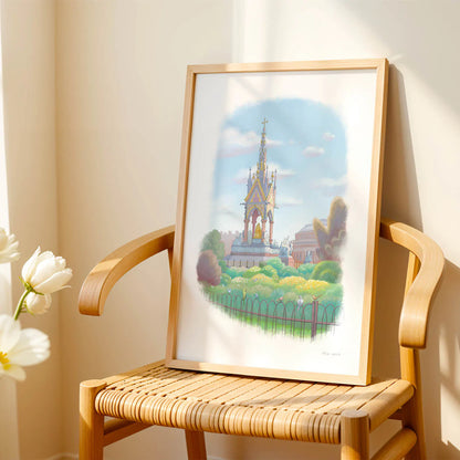 Framed wall art print of a painting of the Albert Memorial in London Hyde Park on a wooden chair