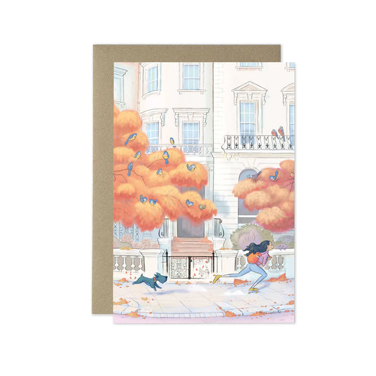 Greetings card with painting of lady skating in London's Notting Hill in the Autumn with her dog