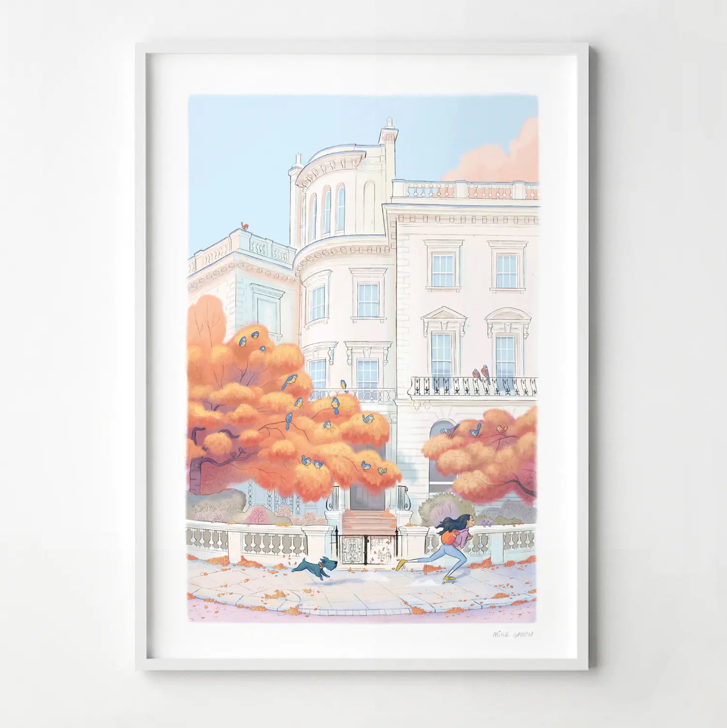 Framed print of a painting of a lady skating with her dog in Autumn on a street in London's Notting Hill