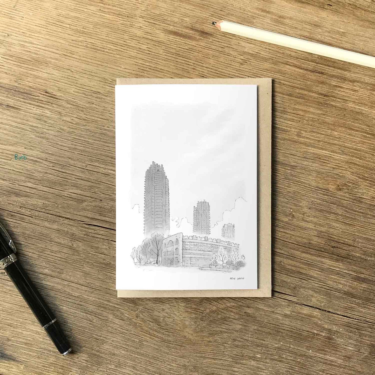 London's Barbican Towers beautifully illustrated on a greeting card by mike green illustration.