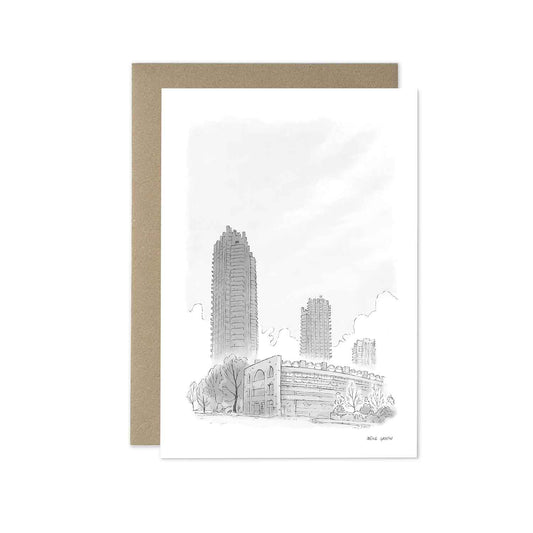 London's Barbican Towers beautifully illustrated on a greeting card by mike green illustration.