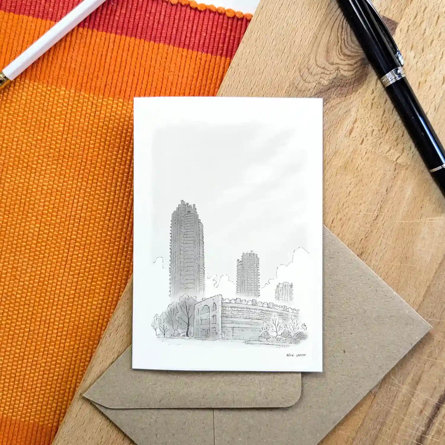 London's Barbican Towers beautifully illustrated on a greeting card by mike green illustration.