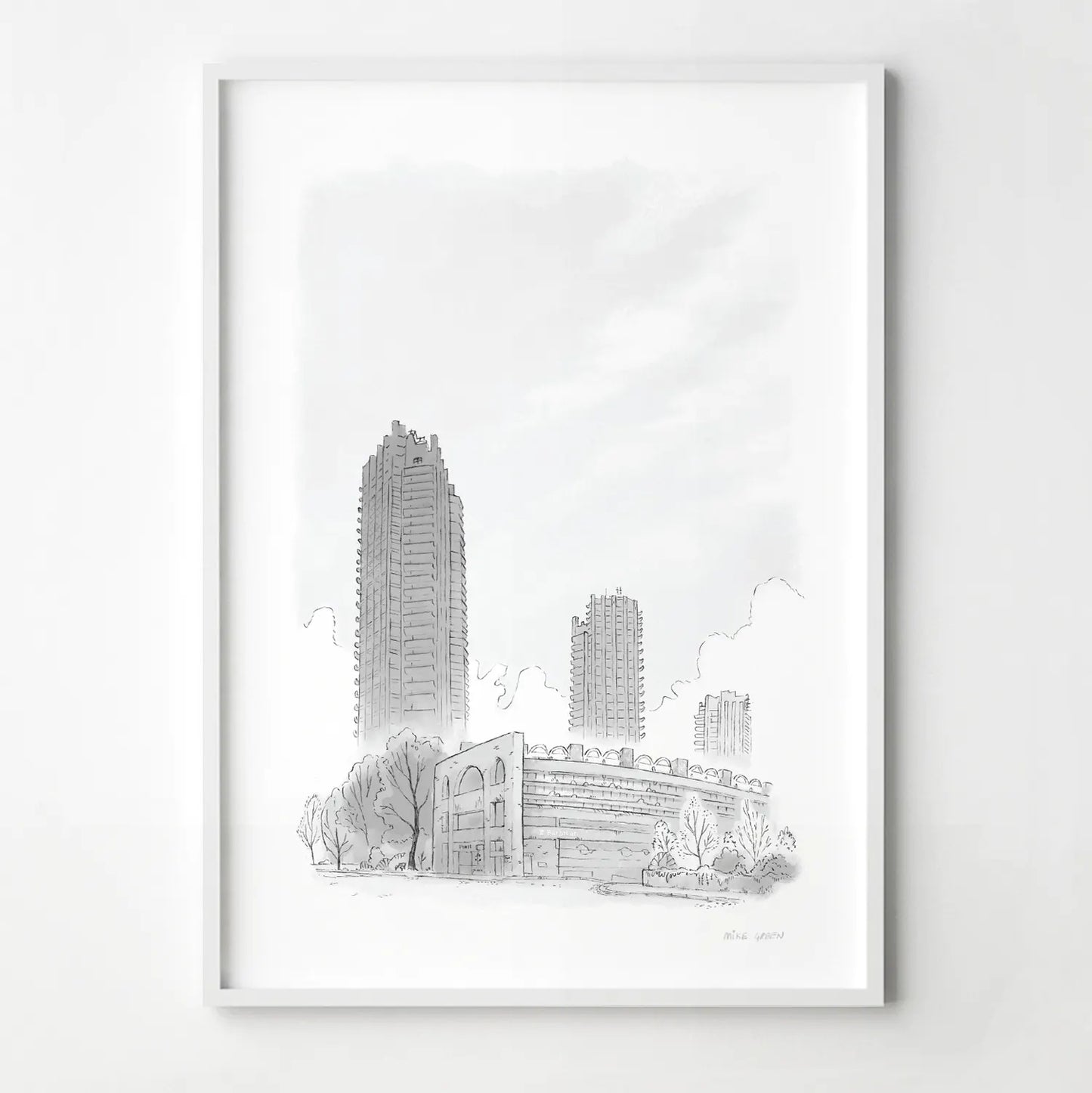 A print of London's Barbican Towers beautifully illustrated by Mike Green.