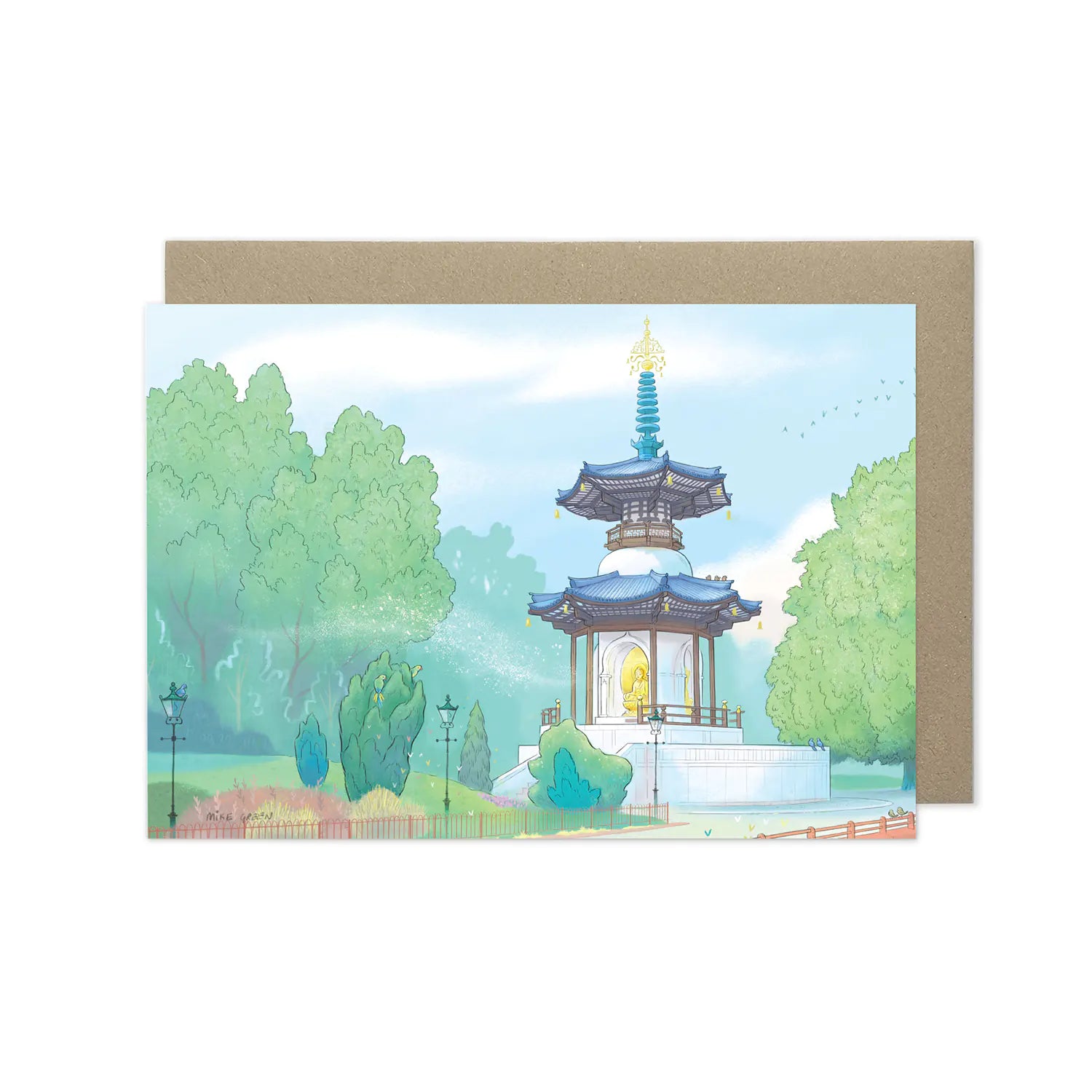 London's Battersea Park Peace Pagoda on a beautifully illustrated greeting card from mike green illustration.