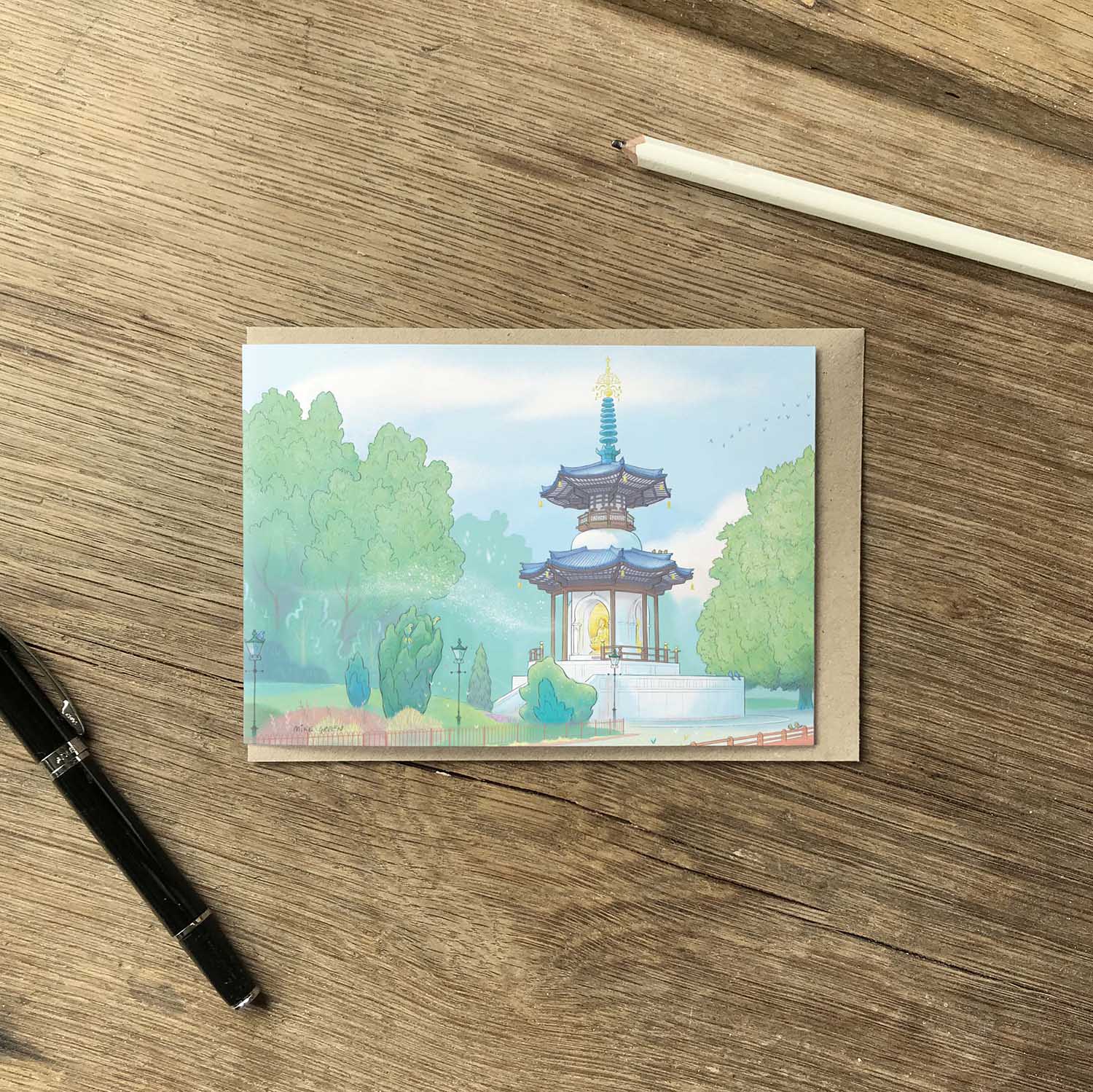 London's Battersea Park Peace Pagoda on a beautifully illustrated greeting card from mike green illustration.