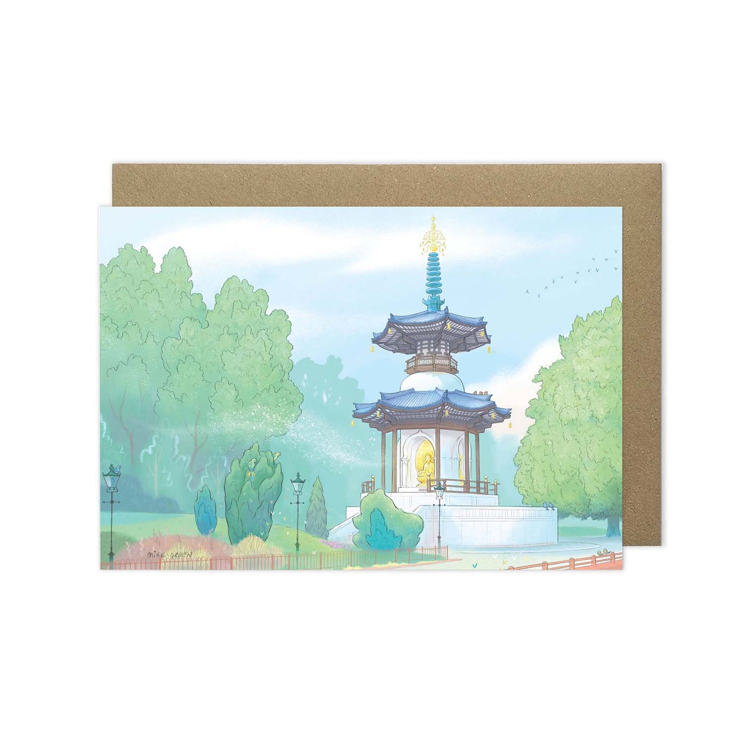 London's Battersea Park Peace Pagoda on a beautifully illustrated greeting card from mike green illustration.