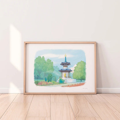 Framed print of a painting of Battersea Parks Peace Pagoda in London by Mike Green Illustration