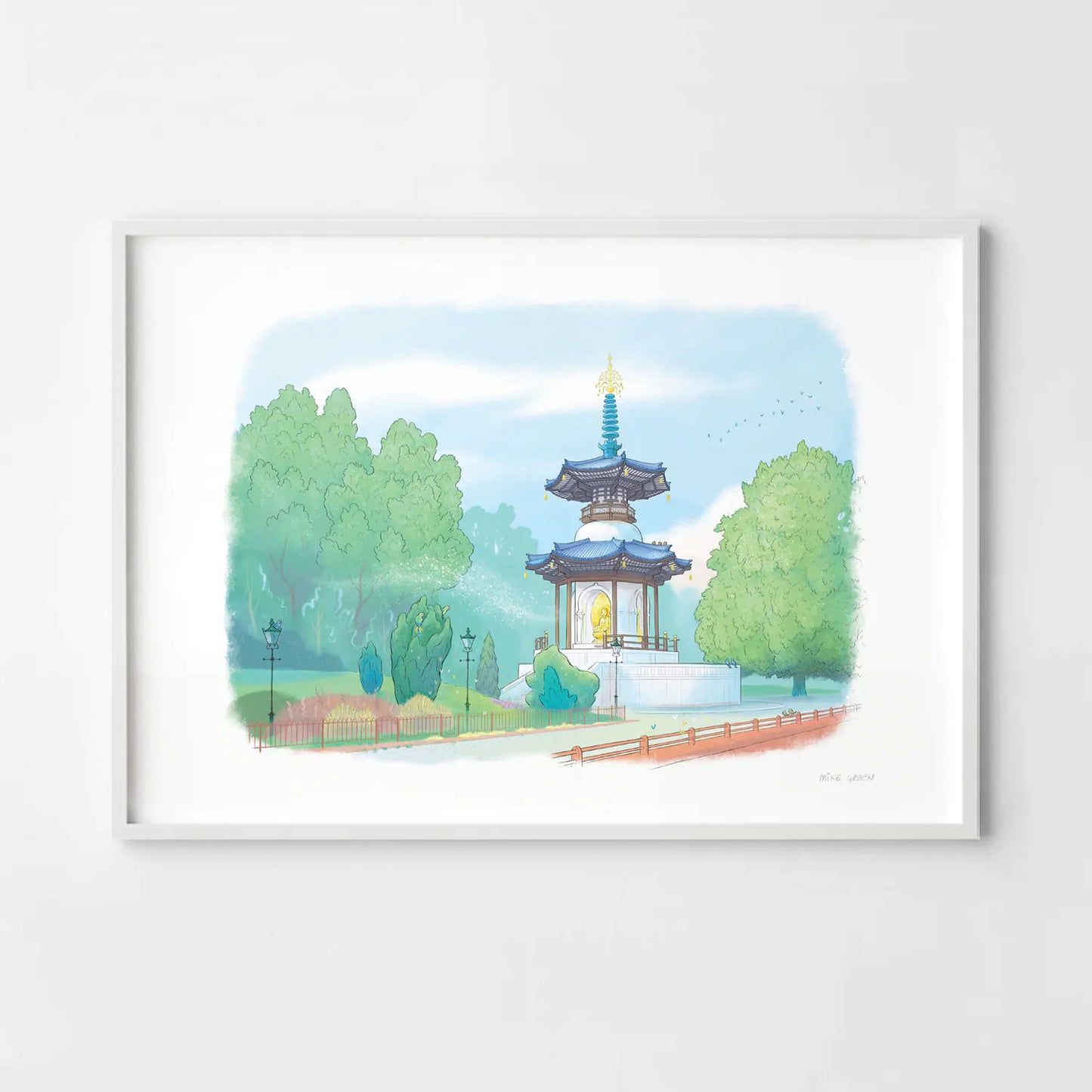 Framed print of a painting of Battersea Parks Peace Pagoda in London by Mike Green Illustration