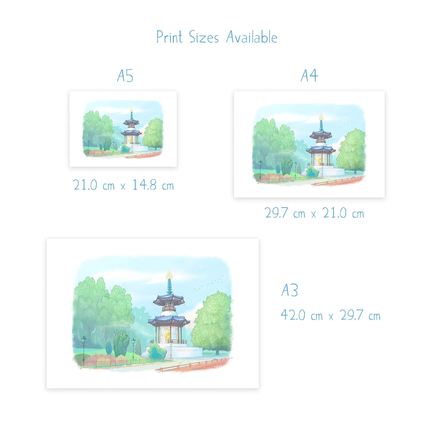 London's Battersea Park Peace Pagoda print dimensions