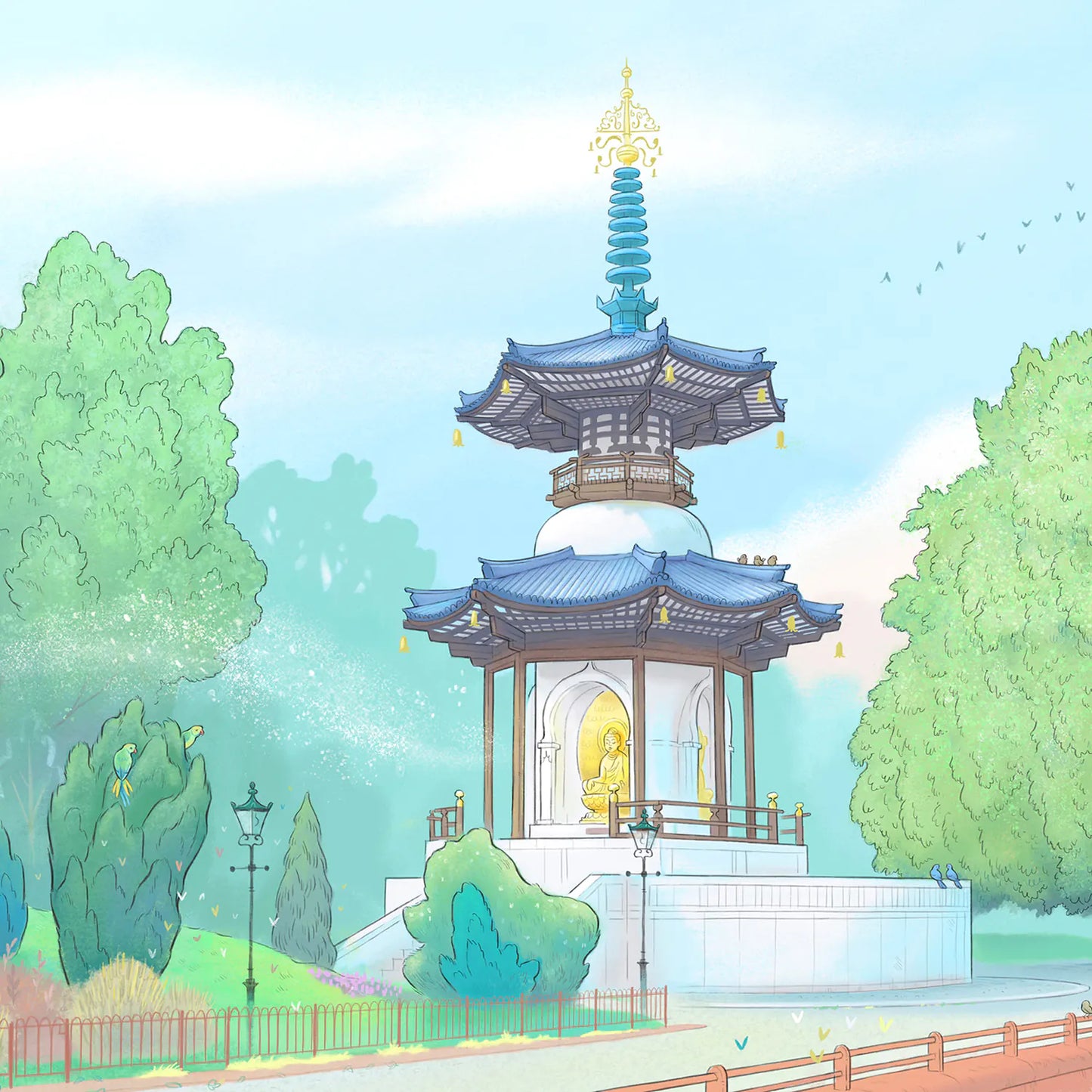 Detail of a painting of Battersea Parks Peace Pagoda in London by Mike Green Illustration