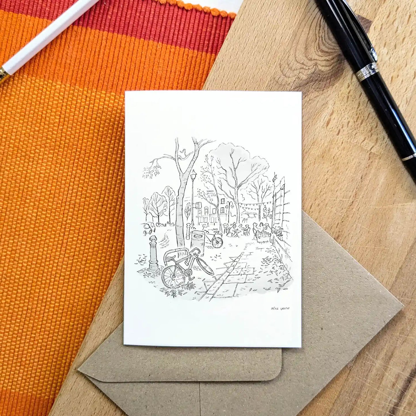 Battersea Square in London beautifully sketched on a greeting card by mike green illustration.