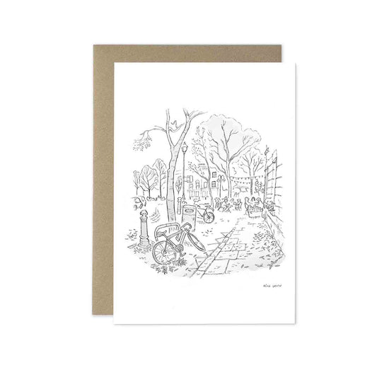 Battersea Square in London beautifully sketched on a greeting card by mike green illustration.
