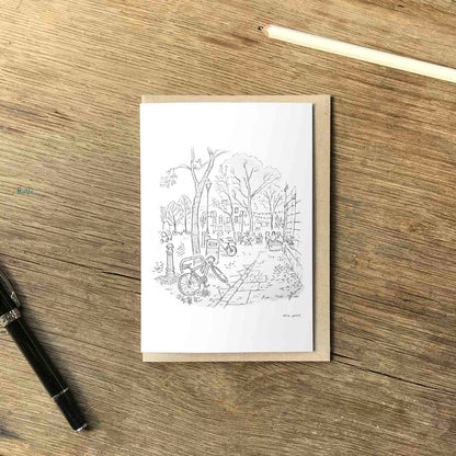 Battersea Square in London beautifully sketched on a greeting card by mike green illustration.