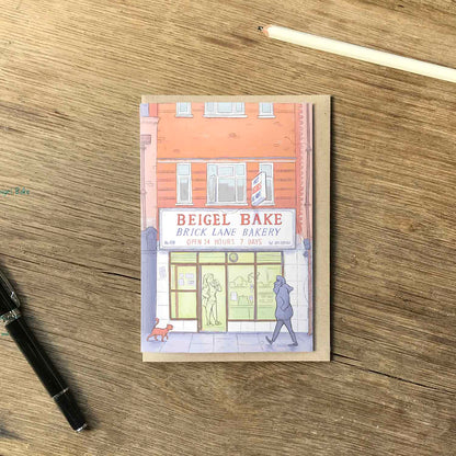 Brick lanes famous Beigel Bake beautifully illustrated on a greeting card by mike green illustration.