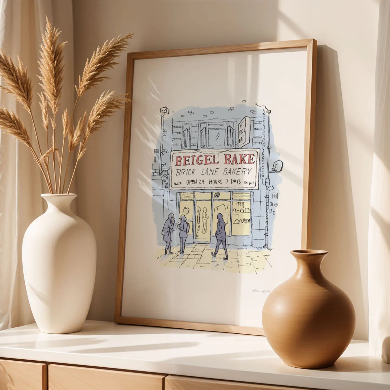 Framed print of an illustration of Beigel bake brick lane bakery London with vases